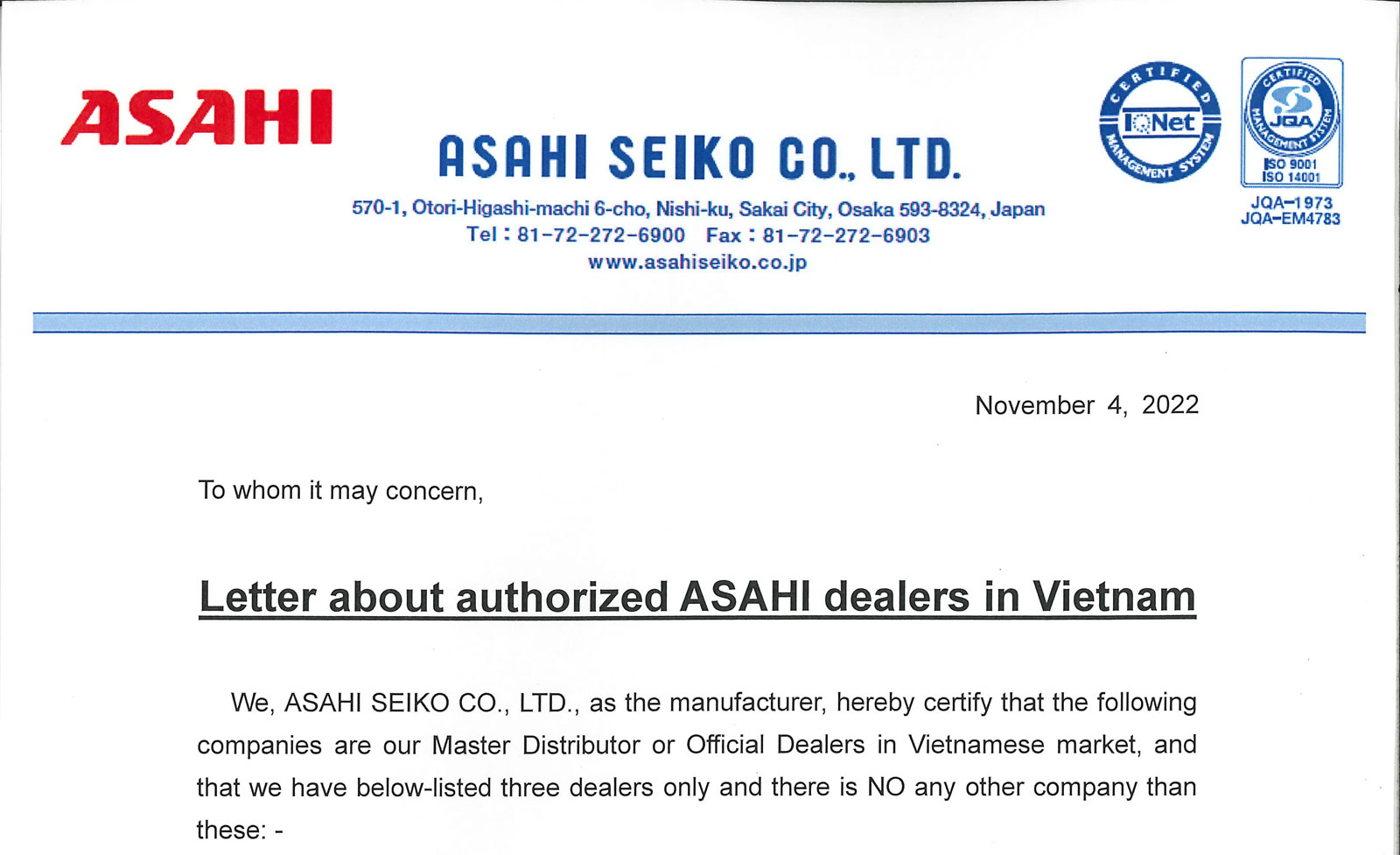 Hiệp Thành trở thành đại lý uỷ quyền của nhãn hàng ASAHI tại Việt Nam